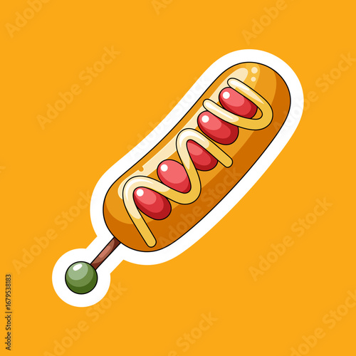 Delicious corn dog illustration with ketchup and mustard on bright orange background perfect for summer events and food promotions