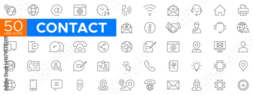 Contact thin line editable stroke icons set. Chat, support, message, phone, globe, point, chat, call, info vector.