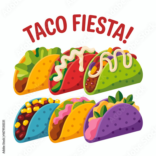 Colorful Cartoon Taco Fiesta Illustration with Various Toppings and Shells Perfect for Mexican Food Promotions