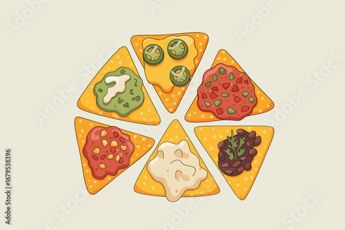 Assorted Topping Nachos Illustration of Delicious Tex Mex Appetizers with Guacamole Salsa and Jalapenos