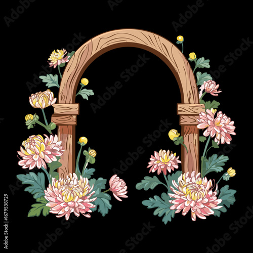 A beautiful wooden archway with a dark, moody background, decorated with delicate pink and white flowers