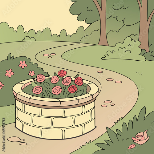 A charming cartoon illustration of a winding garden path leading past a raised flower bed filled with pink roses