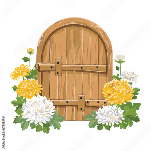  A charming wooden door with a round top, surrounded by a large bouquet of colorful yellow and white flowers