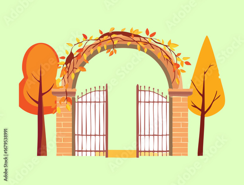 A beautiful brick archway with a metal gate, covered with vibrant autumn vines and colorful leaves in a scenic garden