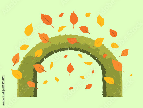 A green hedge archway with orange and yellow leaves falling gracefully, a classic autumn scene