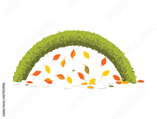 A rounded archway made of a thick hedge of green foliage, with a few leaves scattered at its base