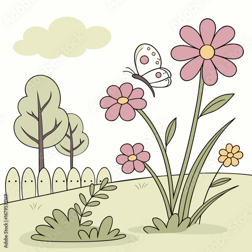 Charming cartoon illustration of a butterfly visiting colorful flowers in a sunny garden with trees and a fence