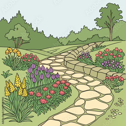 A winding stone pathway leads through a vibrant garden filled with colorful flowers and lush green trees