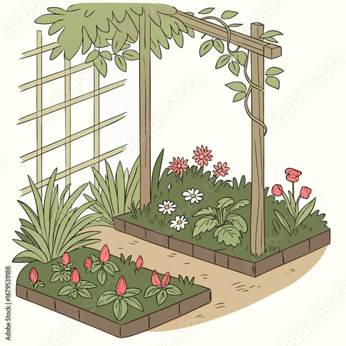 Charming cartoon illustration of a vibrant garden with blooming flowers a wooden arbor and a trellis