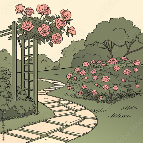 Charming garden path winding through blooming pink roses and lush greenery leading to a trellis