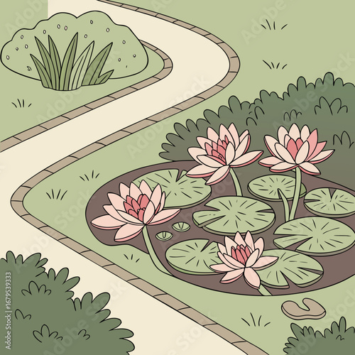 Charming garden scene with a winding path leading to a tranquil pond filled with blooming pink water lilies and lush green foliage