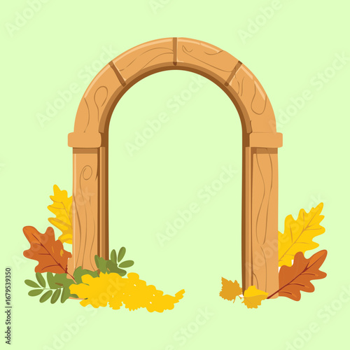 A stone arch with autumn leaves scattered around its base, a classic and timeless representation of the fall season