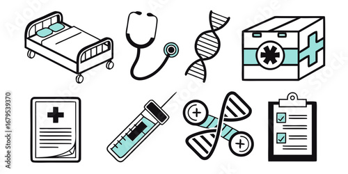 A medical icon vector set for health and medicine illustrations with signs for a doctor, heart, pill, and stethoscope