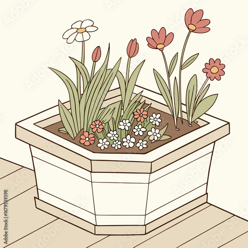 Charming hand drawn illustration of a hexagonal planter filled with colorful spring flowers and greenery on a wooden surface