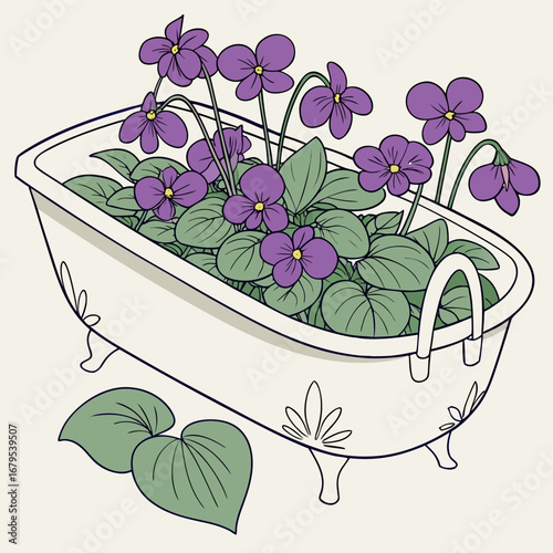 Charming illustration of a vintage clawfoot bathtub overflowing with lush green leaves and delicate purple violets