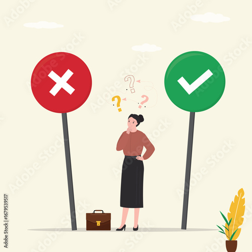Thinking woman making decision, yes or no choice symbol. Businesswoman having dilemma and uncertain situation. checkmark and cross mark. Difficulty select, pros or cons.