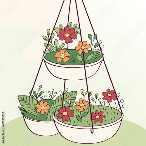 Charming illustration of a tiered hanging planter filled with vibrant red and orange flowers and lush green foliage