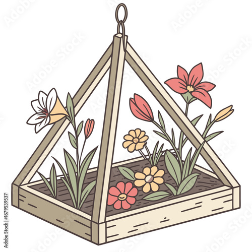 Charming illustration of a wooden geometric planter filled with colorful blooming flowers and green leaves