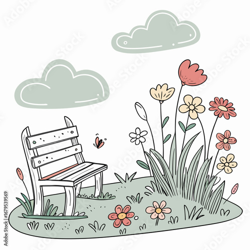 Charming illustration of a wooden park bench surrounded by colorful wildflowers and fluffy clouds on a sunny day