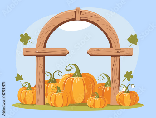Wooden Archway with Pumpkins and Autumn Leaves, Perfect for Seasonal Children's Book Art