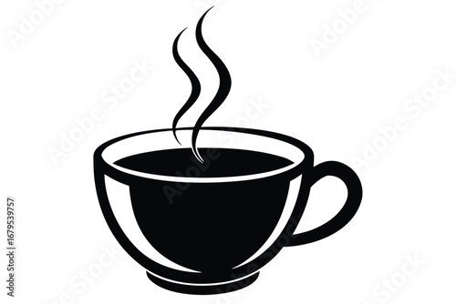 Stylized black and white vector illustration of a hot coffee or tea
