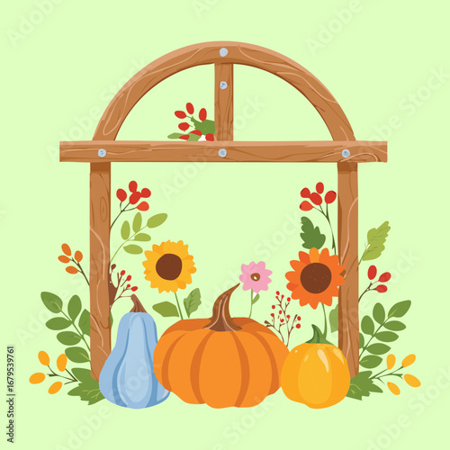 Rustic Archway Adorned with Sunflowers and Pumpkins, Perfect for Fall Harvest Festival
