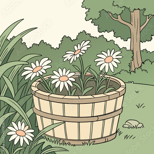 Charming wooden bucket overflowing with white daisies in a lush green garden setting