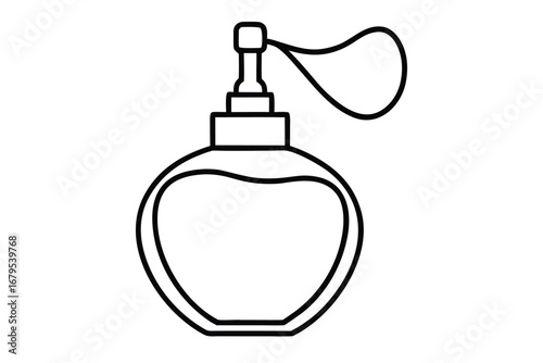 Classic perfume bottle with bulb atomizer outline on a white background