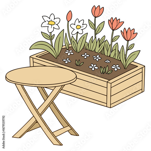 Charming wooden planter box filled with blooming tulips and daisies next to a folding garden stool