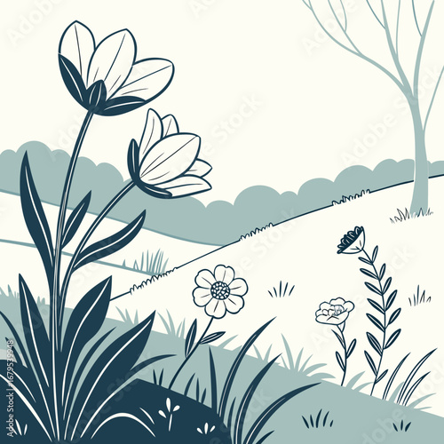 Stylized minimalist illustration of blooming flowers and rolling hills in a serene landscape