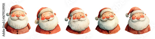 Set of vintage Santa Claus avatars. Cute Santa in a red hat and jacket, with a white beard. Christmas and New Year characters. Santa stickers for Christmas designs. Vector illustration.