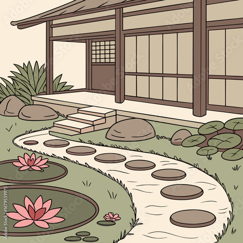 Tranquil japanese garden with a stone path leading to a traditional wooden house and water lilies