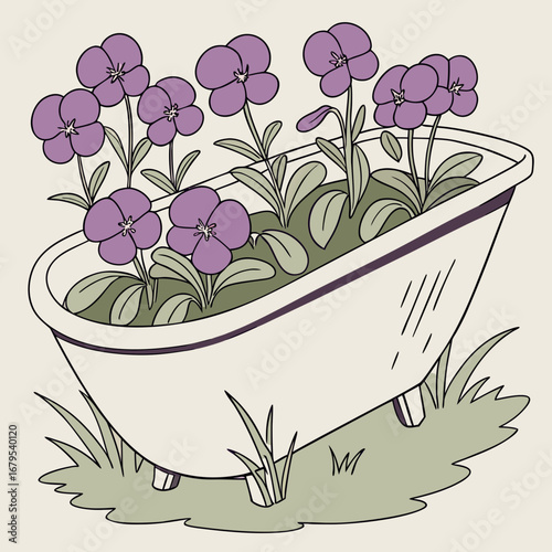Whimsical illustration of purple pansies blooming in a vintage bathtub filled with soil and grass