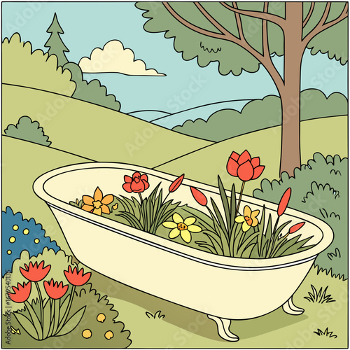 Whimsical vintage bathtub overflowing with colorful spring flowers in a lush green garden landscape