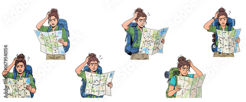 A set of Flat cartoon vector of a female backpacker confused with map, scratching head. Isolated on white background
