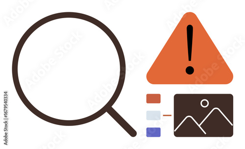 Magnifying glass and warning triangle with exclamation mark beside a photo viewer interface. Ideal for analysis, troubleshooting, error resolution, warnings, alerts, technology, risk. Minimal flat