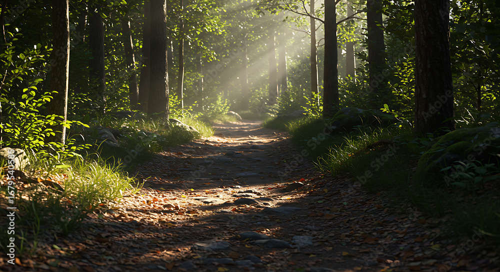 Obraz premium A sunlit path winds through a dense forest, with beams of light filtering through the canopy, illuminating the trail.