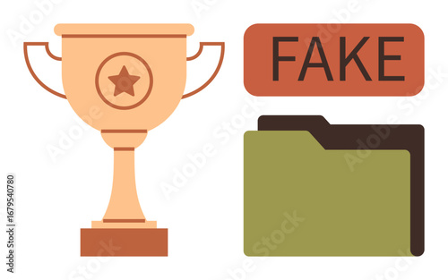 Trophy with star, FAKE label, and folder symbolize false recognition, fraud, or misinformation. Ideal for topics thumbs up dishonesty, forgery, achievement records warning and credibility. Simple
