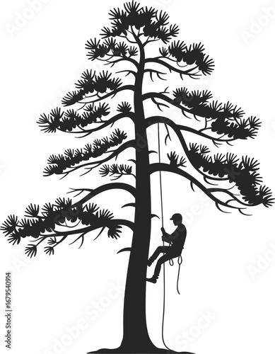 Tree Climber Ascending Tall Pine Tree, Arborist with Rope Gear, Forest Work Scene, Silhouette Vector, Black and White Illustration Art