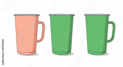 Collection of three ceramic mugs, one peach and two green, for beverages on an isolated white background.
