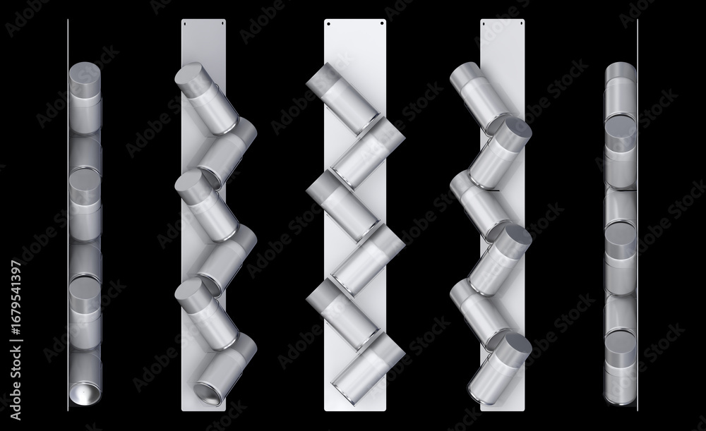 Fototapeta premium Hanging retail plastic display stand with spray cans. Store hanging merchandise stripe with zigzag design. Front view and side view. Set of 3d illustrations isolated on black