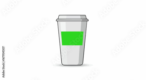 White disposable coffee cup with a green label band, standing upright on an isolated white background.