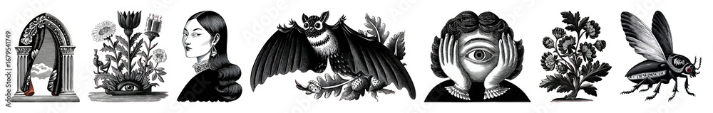 Obraz premium PNG Surreal monochrome illustrations evoke mystery, element set on transparent background