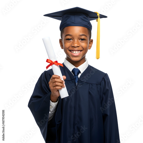 Happy young boy graduate holding diploma, symbol of success, achievement, and future education. isolated on white or transparent background. PNG