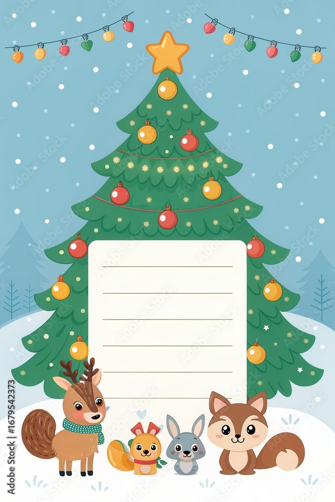 Fototapeta premium Christmas card background. Cute Christmas tree illustration with ornaments and lights, a blank greeting card in the snow and four friendly woodland animals.