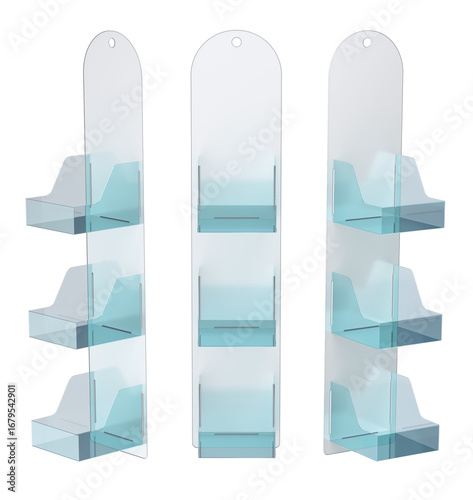 Hanging plastic retail display stand mockup. Store hanging merchandise clear stripe. Set of 3d illustrations transparent background