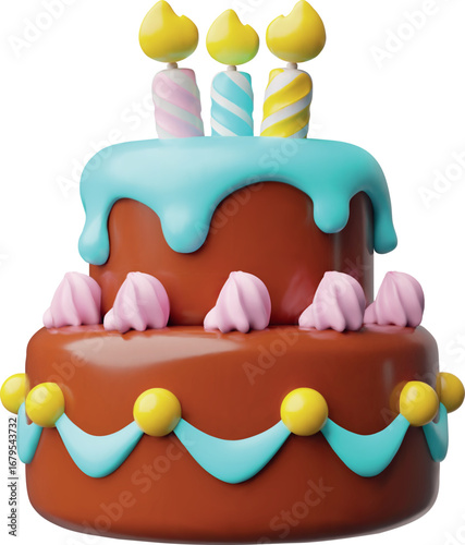 Birthday cake two tier with burning candles 3D plastic style, vector celebration chocolate creamy dessert, confectionery