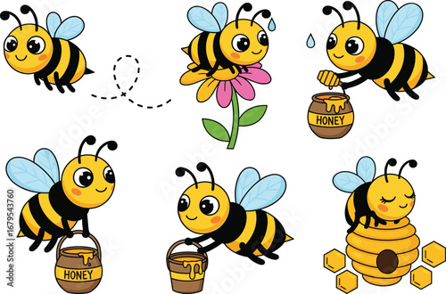 Cute Cartoon Bees with Honey, Buckets, and Flowers – Fun Vector Bee Set for Kids, Nature, Insects, and Honey Designs