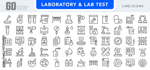 Laboratory and lab test linear icon set. Science, research, analysis, microscope, test tubes, chemistry, biology, experiments, medical, diagnostics, vector outline icon set. UI thin line icon pack