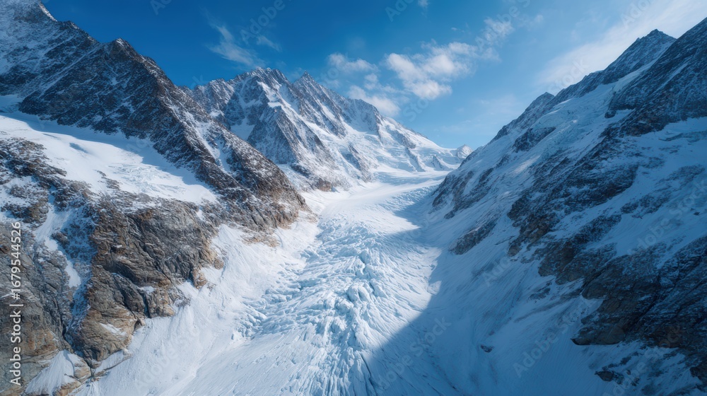 Obraz premium cinematic drone top view of a glacier surrounded by snowy peaks